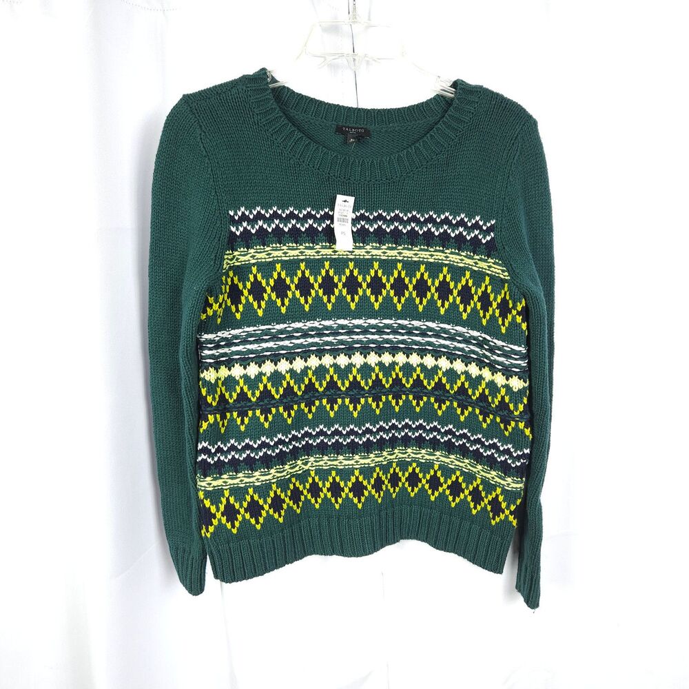 NWT Talbots Diamond Fair Isle Green‎ Sweater Womens Petite Small